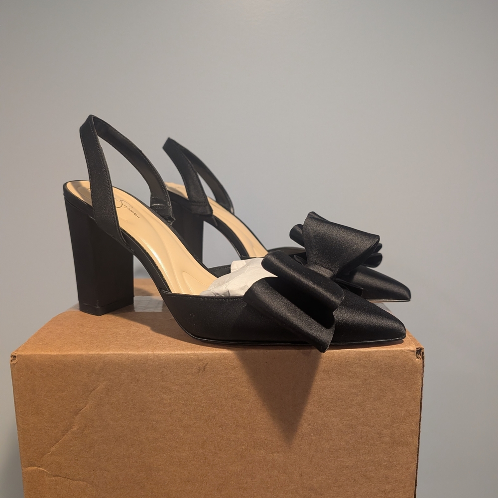 Jessica Simpson Black Satin Pointed Slingback Pumps with Bow